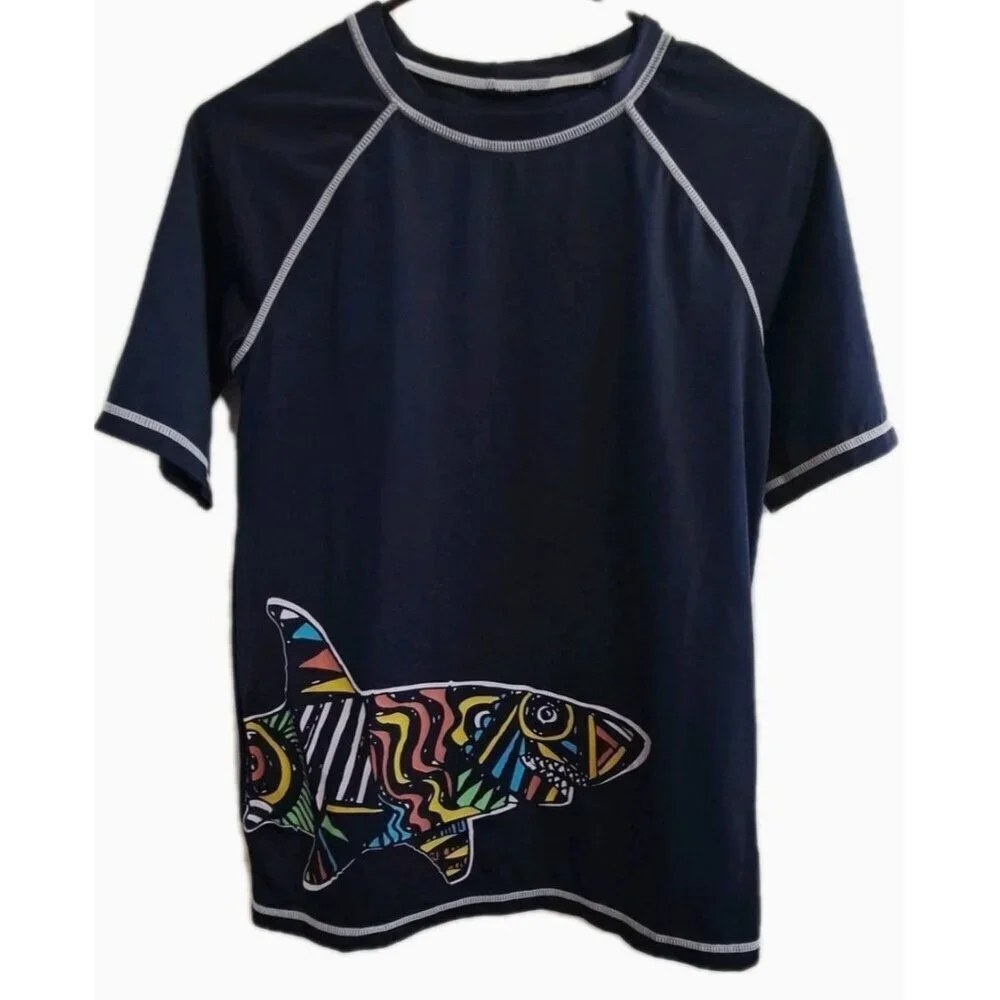Gymboree Boys 14 Navy Short Sleeve Rash Guard Swim Shirt Shark